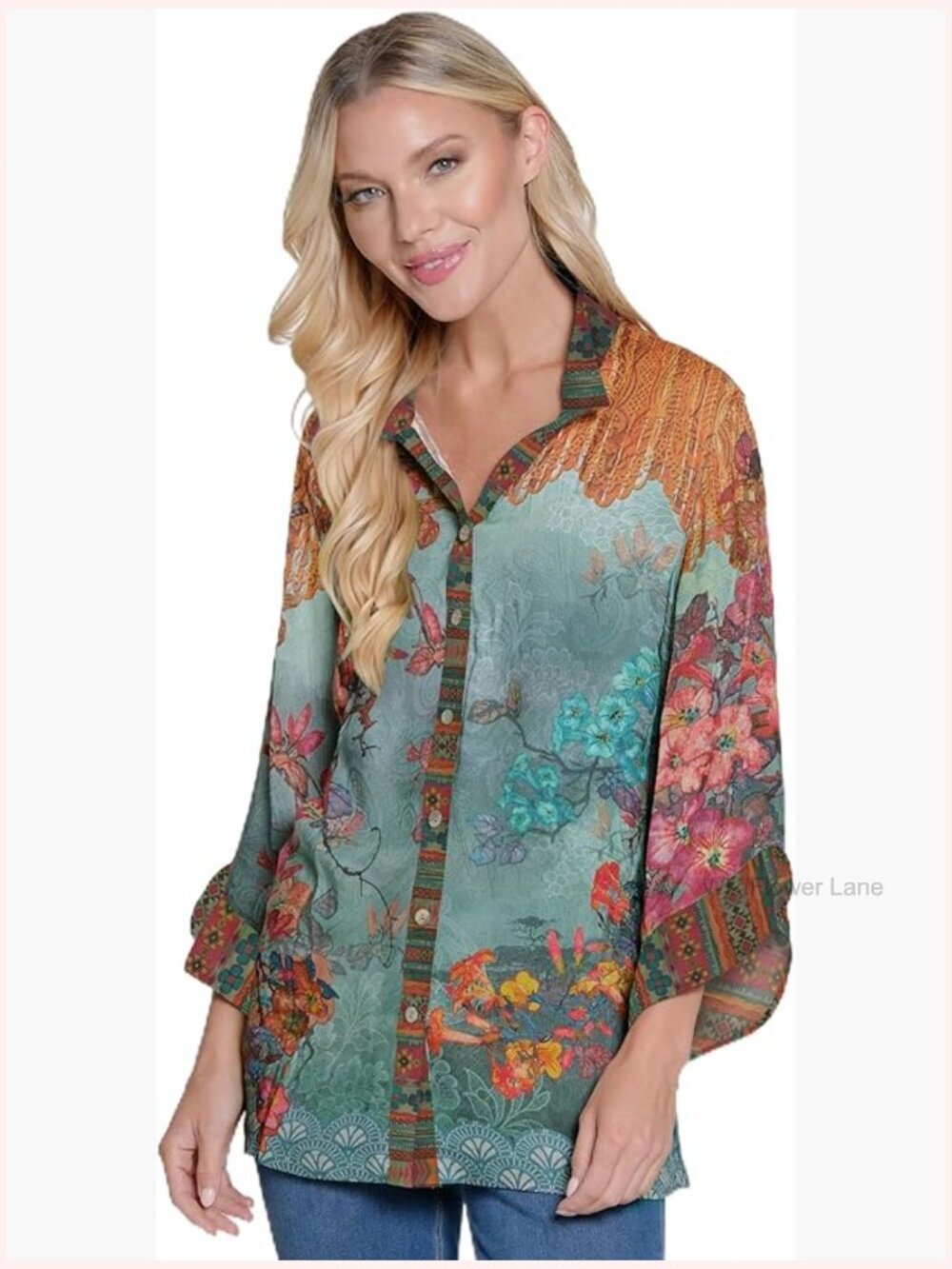 Mix Print Button Front Top with Ruffle Sleeves